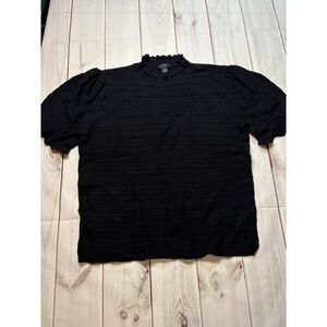 Ann Taylor Black Knit Sweater Short Sleeve Scallop Hem Ruffle Neck Top Medium